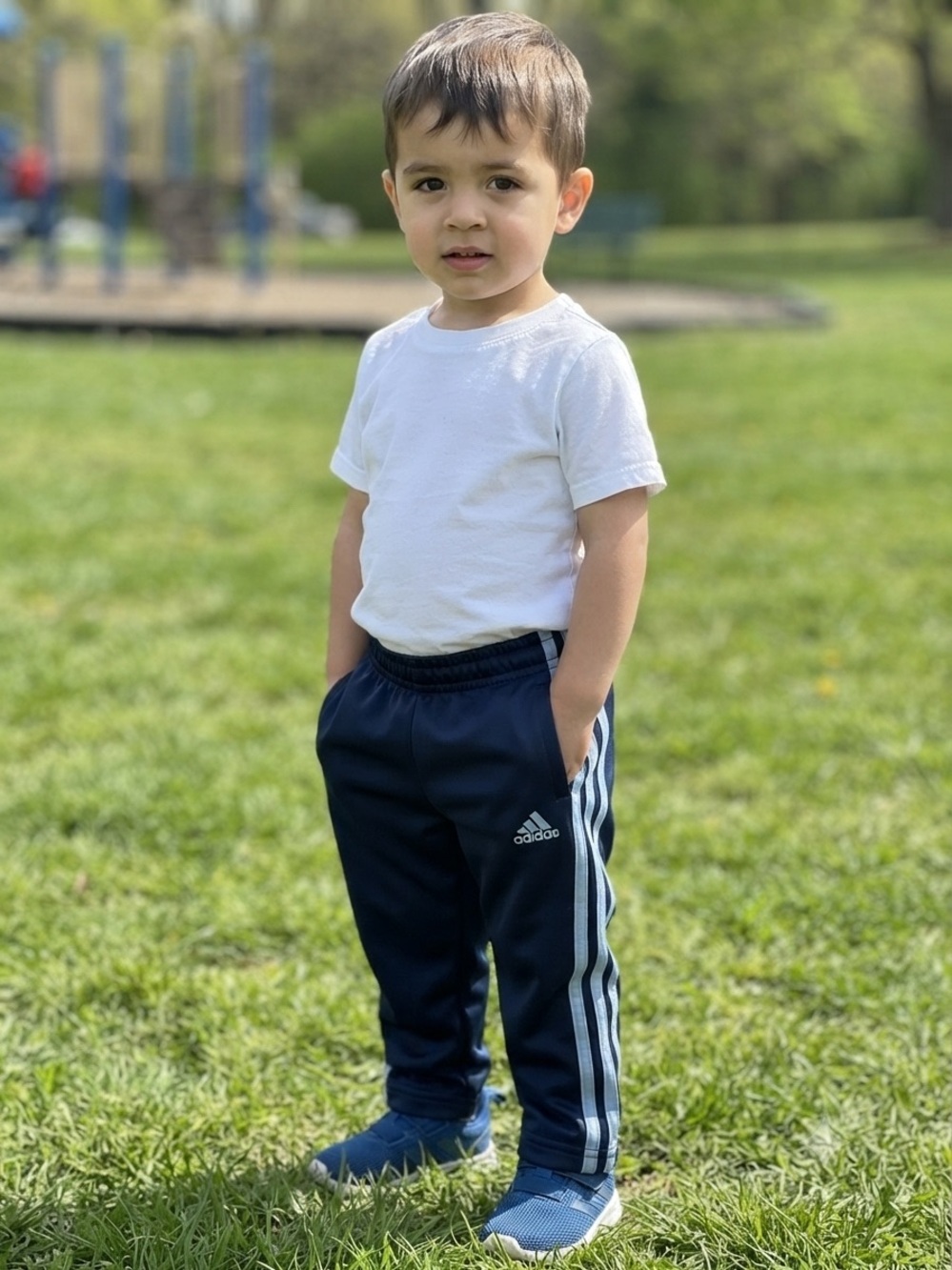 adidas Kids Navy Joggers with Light Gray Stripes